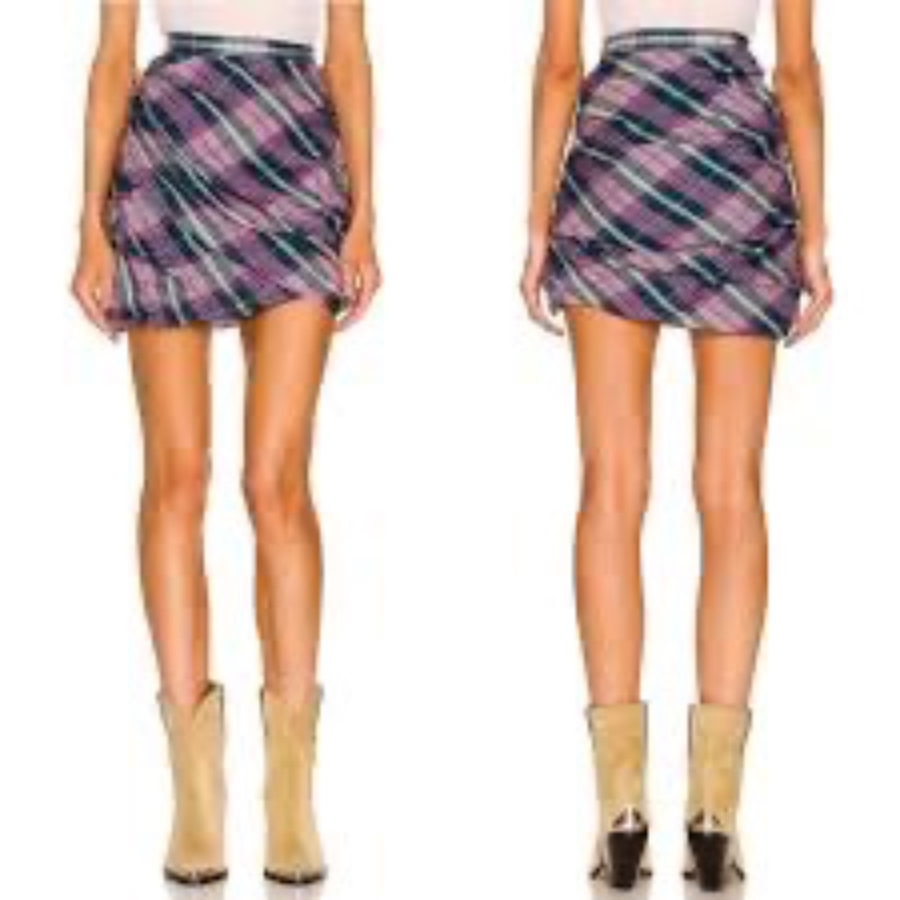 Isabel Marant Etoile Birdy Purple/Green Tartan Plaid Draped‎ Mini Skirt Sz 34/2